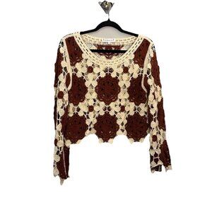 American Flirt Crochet Hippie Floral Brown And Cream Blouse Size Large